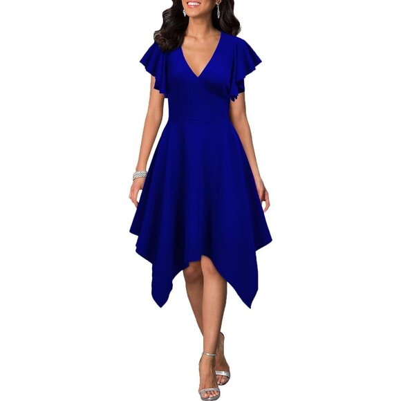 Women Royal Blue V Neck Flutter Sleeve Handkerchief Hem Cocktail Party Dress - Picture 1 of 2